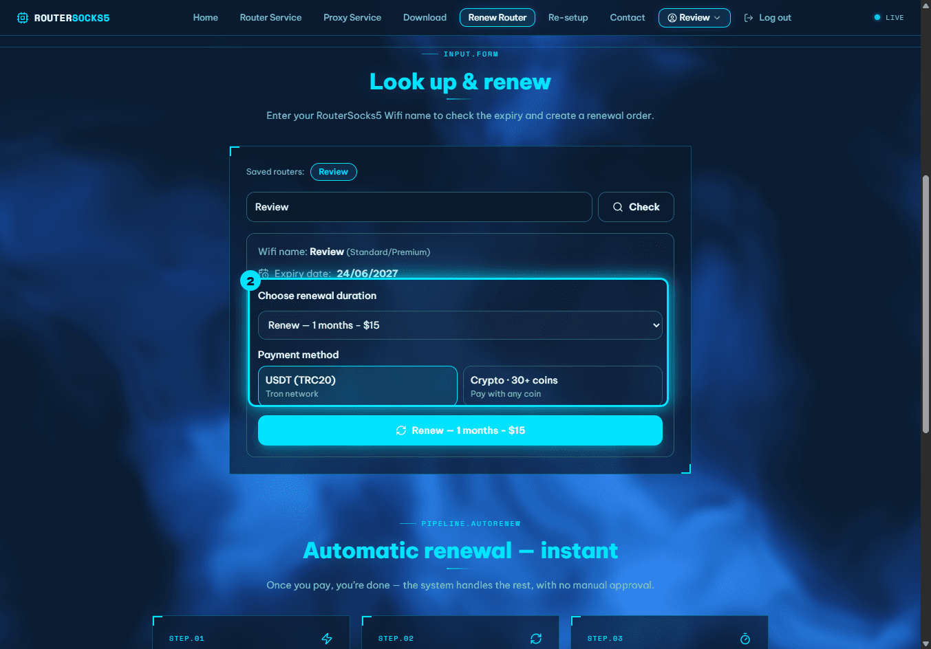 The "Choose renewal period" selector highlighted