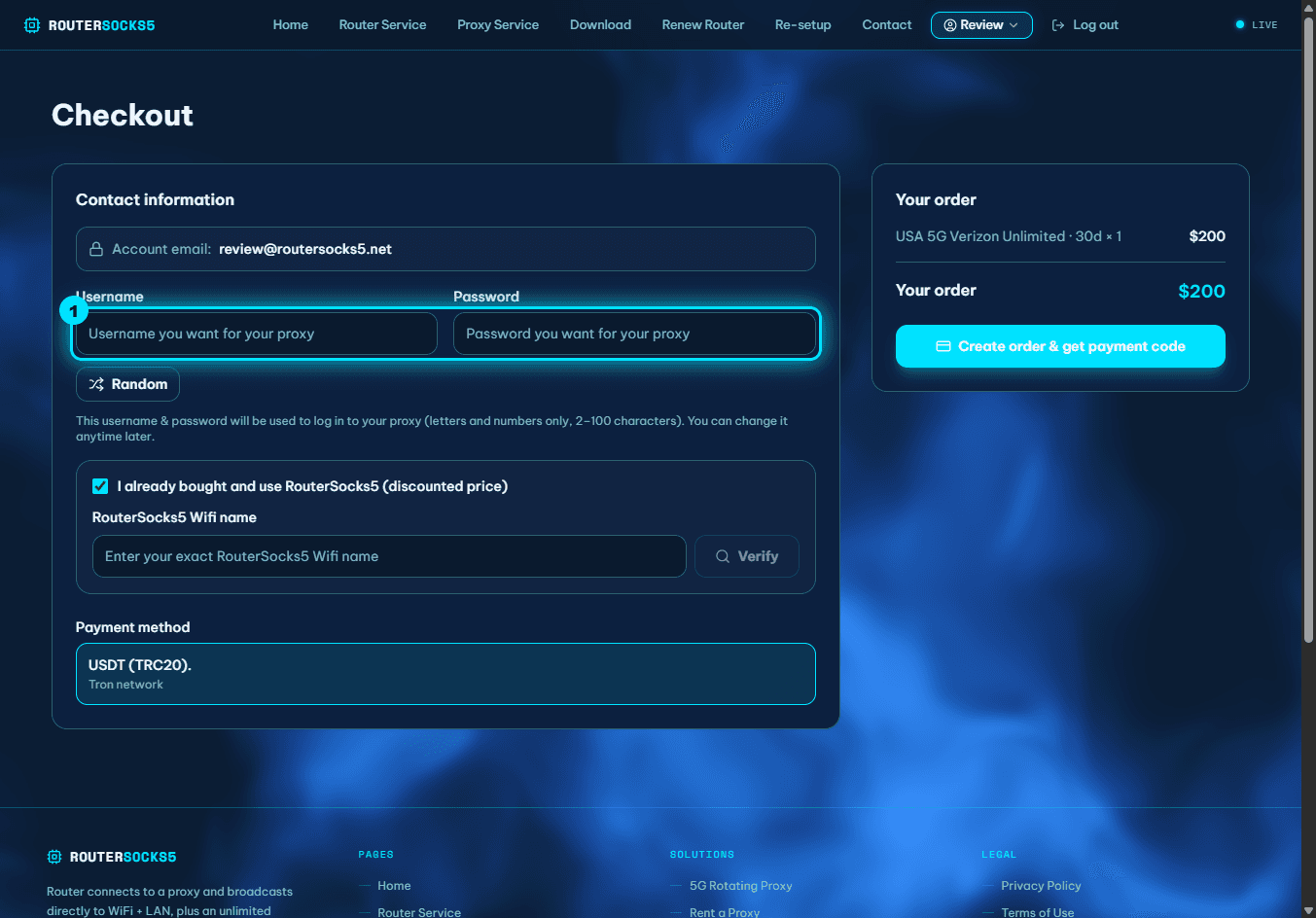 Proxy checkout: Username & Password fields (1) highlighted