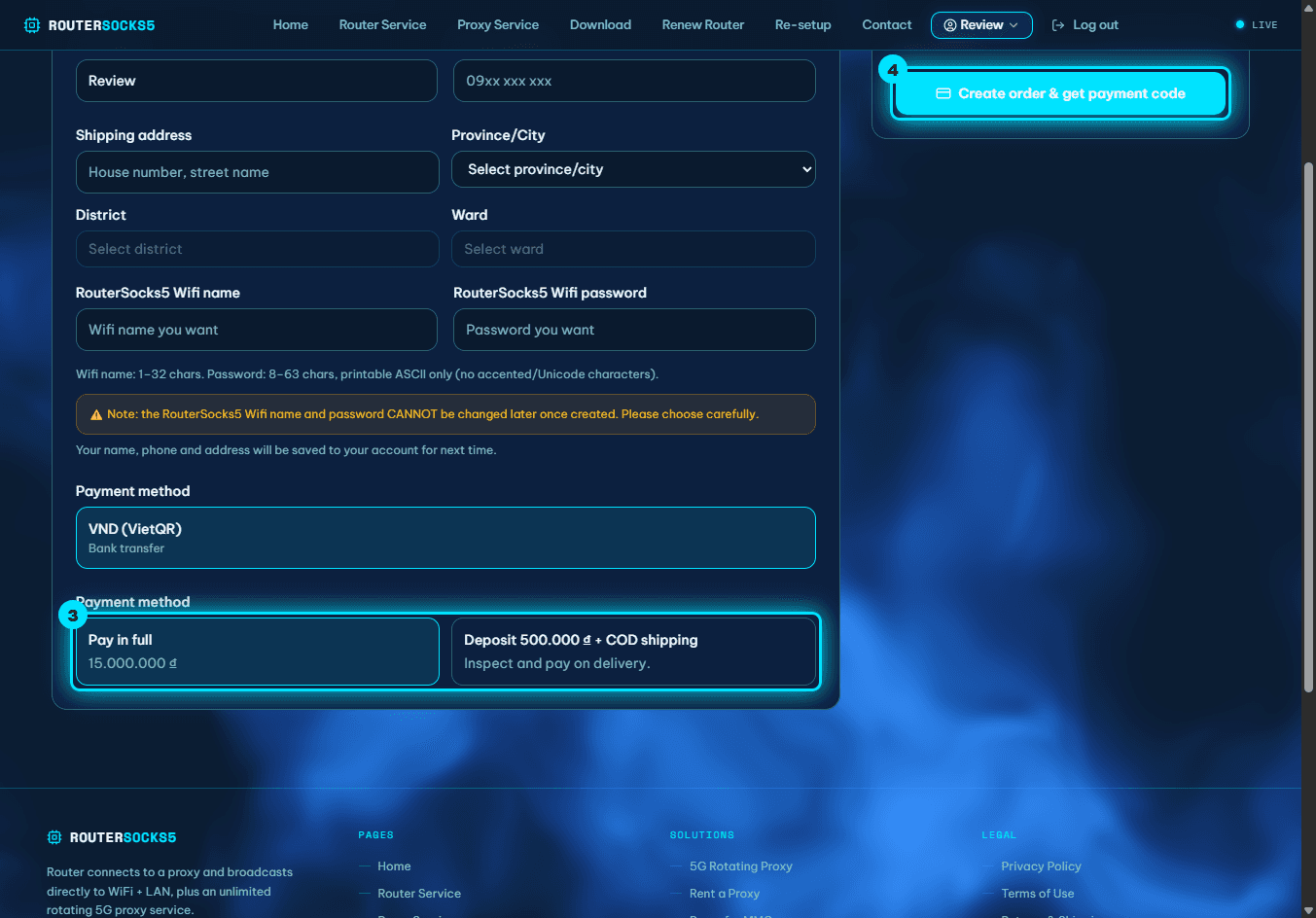 Checkout form: payment options (3) and the Create-order button (4) highlighted