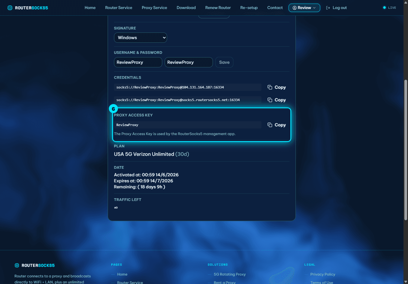 The "Proxy Access Key" section with its Copy button highlighted