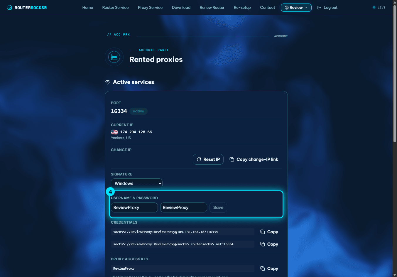 The Username & Password fields and Save button highlighted