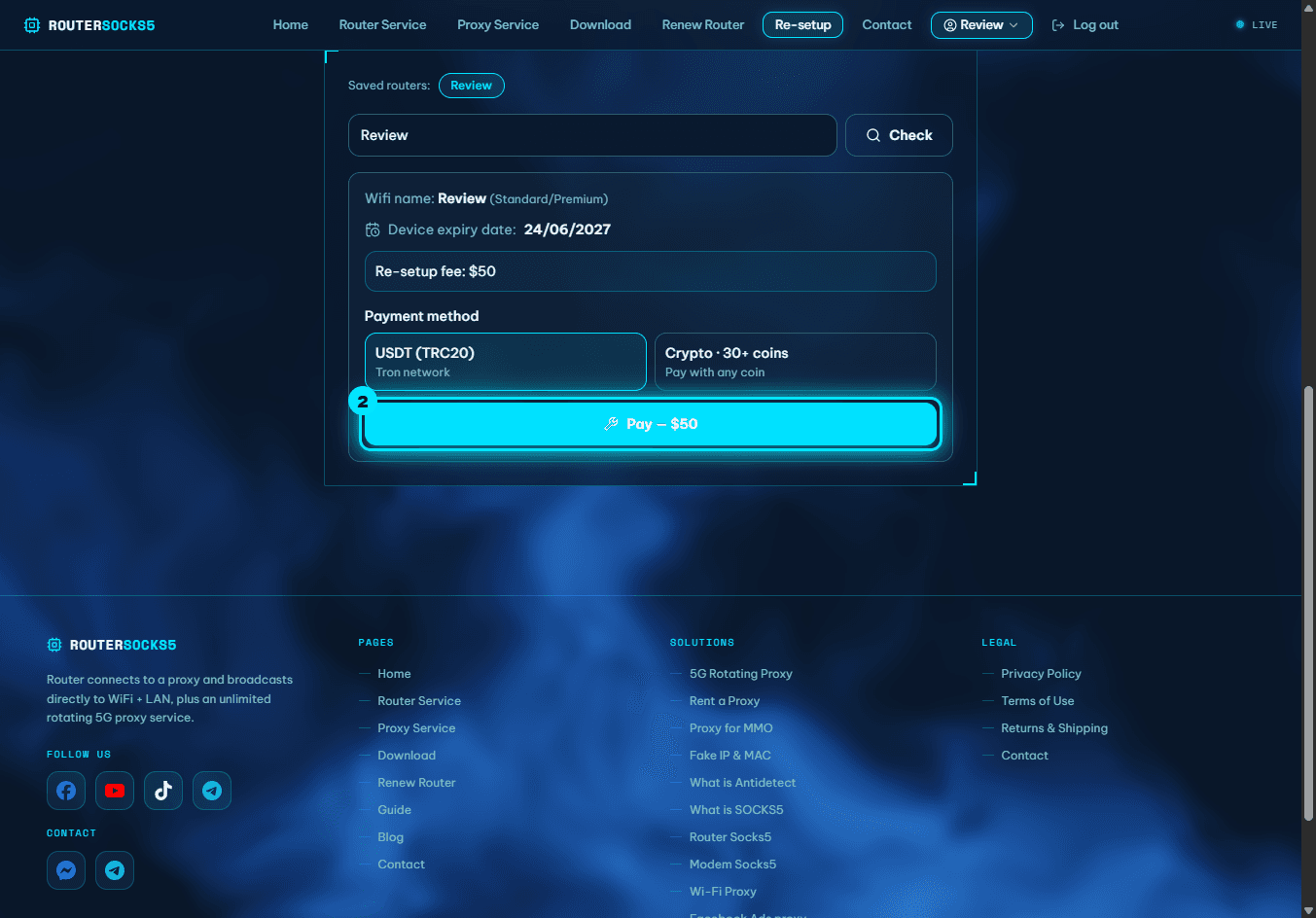 The re-setup fee and "Pay" button highlighted