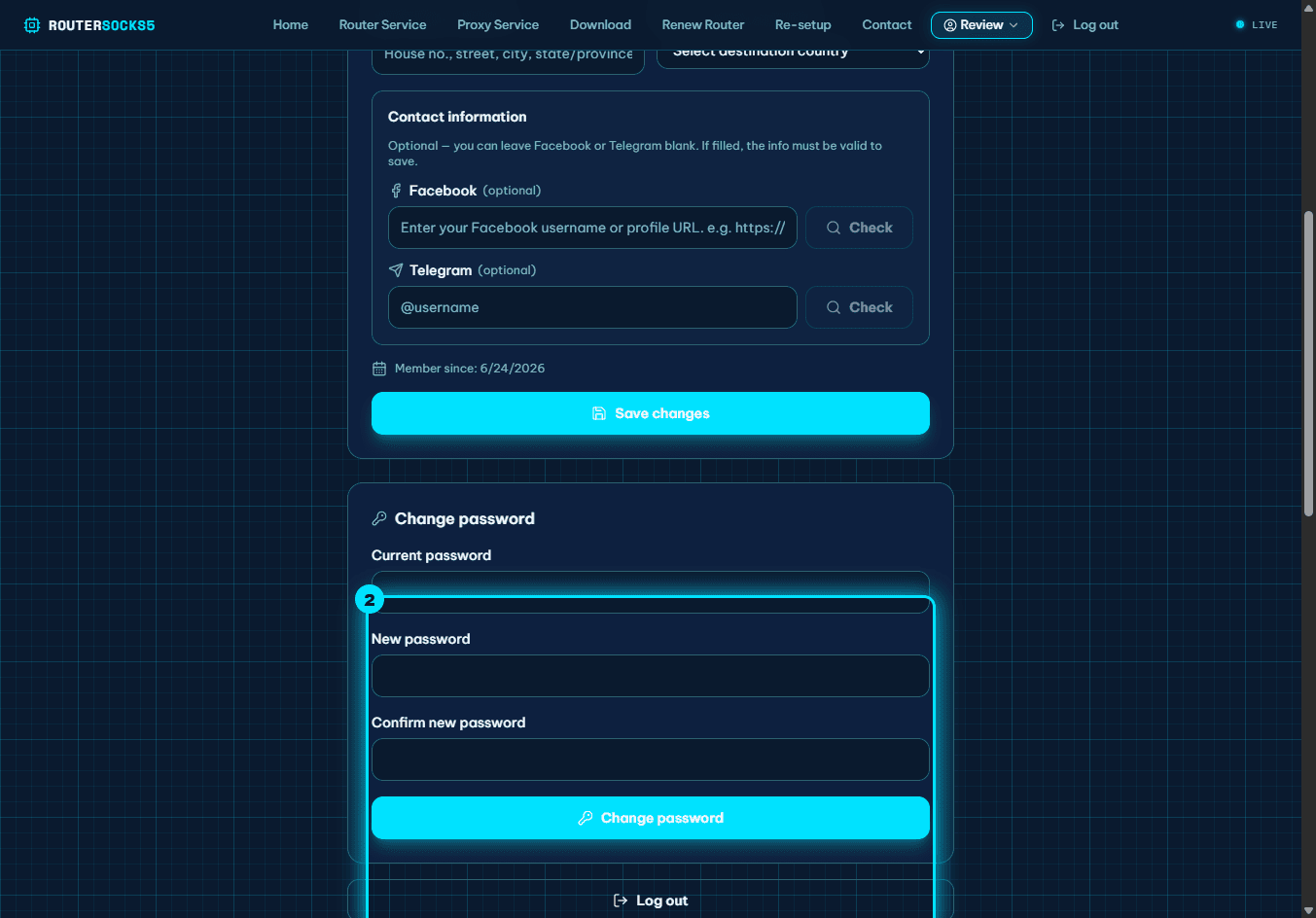 The "Change password" block (3 fields) and button highlighted