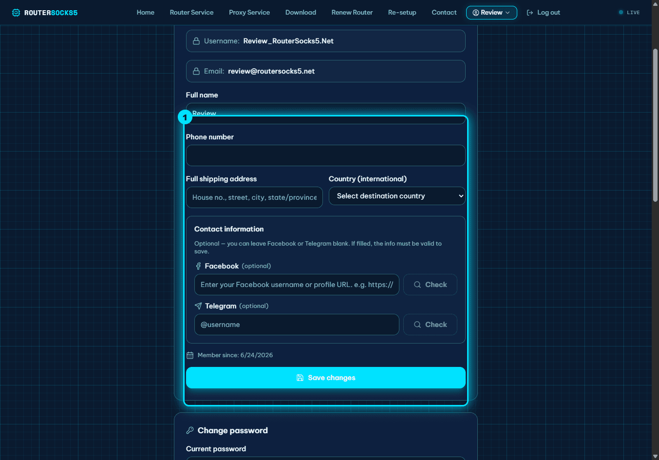 The profile block (name, phone, address, socials) and "Save changes" button highlighted